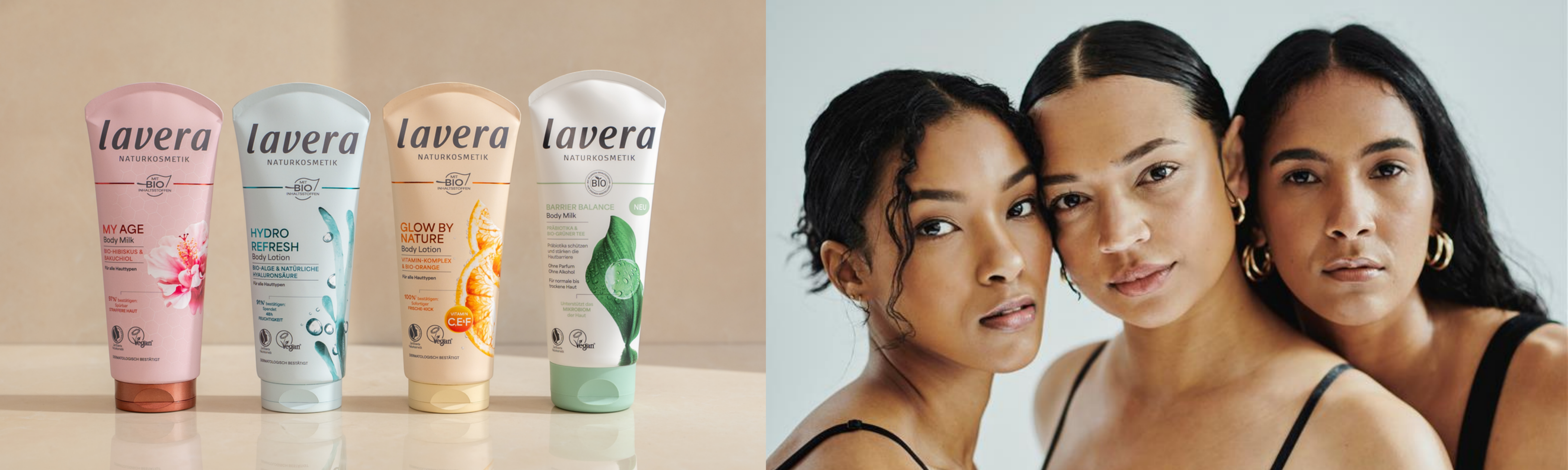 Die 4 lavera Skinification Bodylotions und 3 Frauen, die in die Kamera schauen