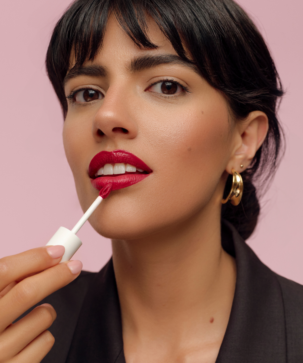 lavera Pure Satin Liquid Lipstick -Poppy Red 01- during application