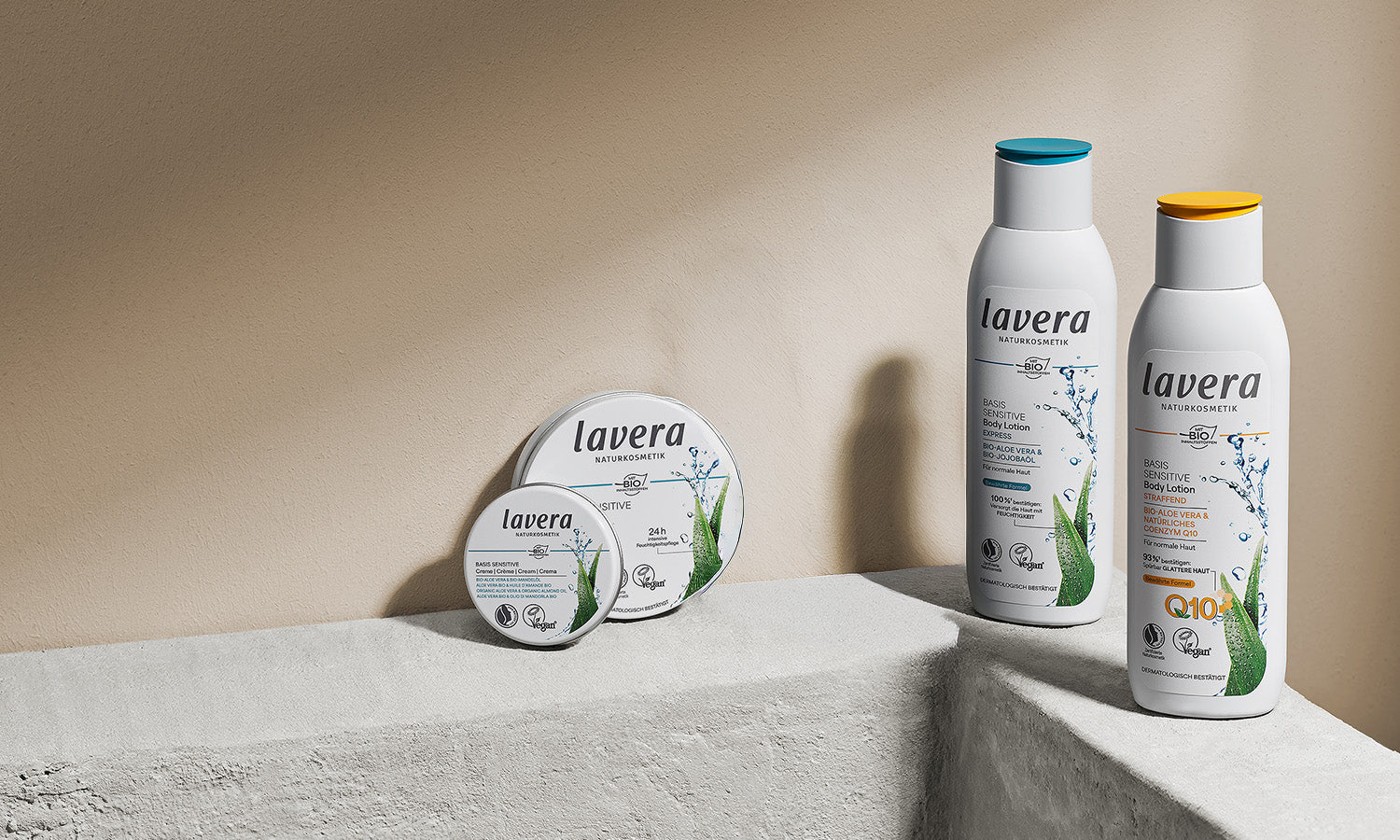 basis sensitive Body Produkte aufgereiht nebeneinander