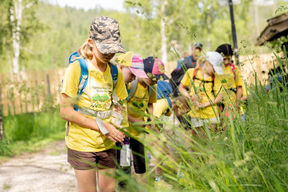 Schülergruppe in gelben Shirts auf Natur-Exkursion, untersucht Pflanzen am Weg