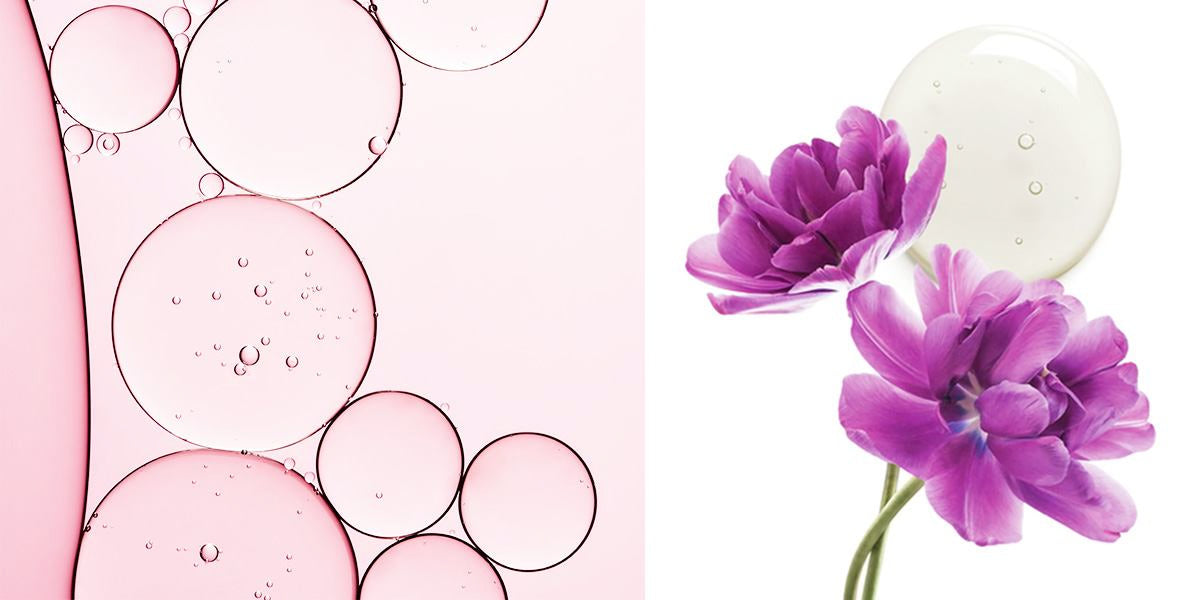 Rosa Ölblasen-Textur neben lila Blüten mit Serumtropfen