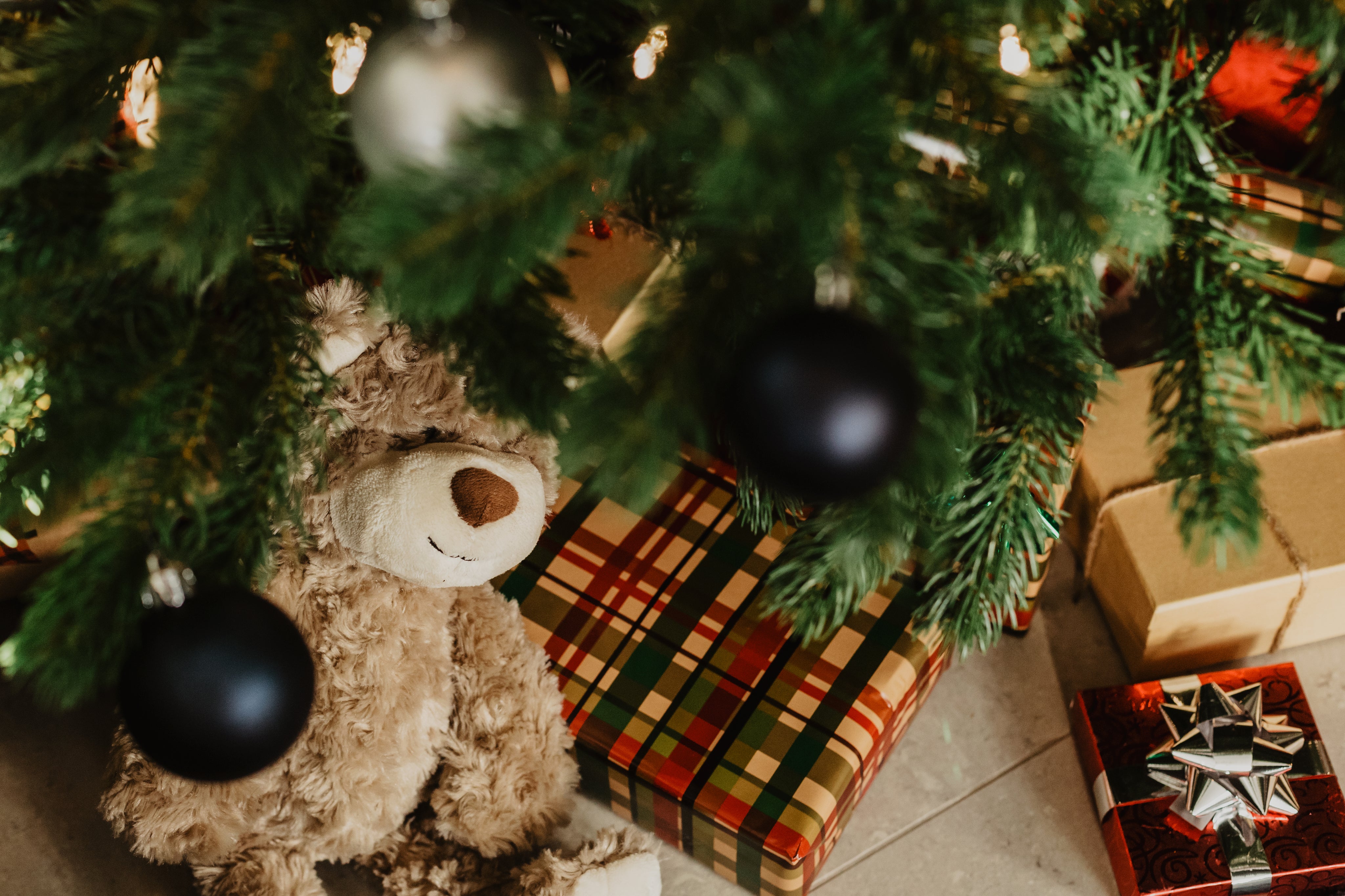 Teddybär unter geschmücktem Weihnachtsbaum mit Geschenken
