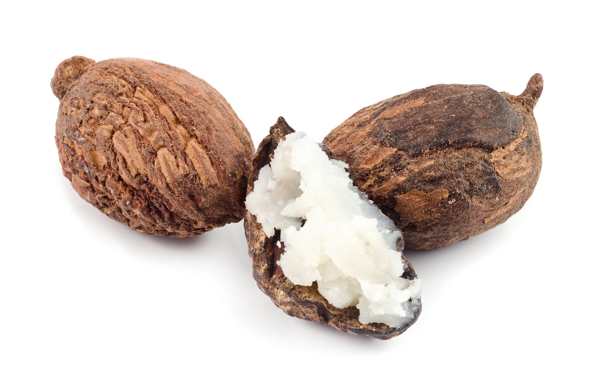 Sheanüsse, aufgebrochen mit sichtbarer weißer Sheabutter im Inneren, auf weißem Hintergrund.