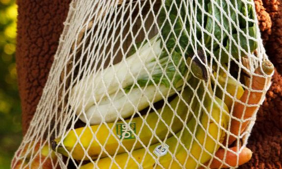 Einkaufsnetz mit Lauch, Bananen und Karotten in Nahaufnahme