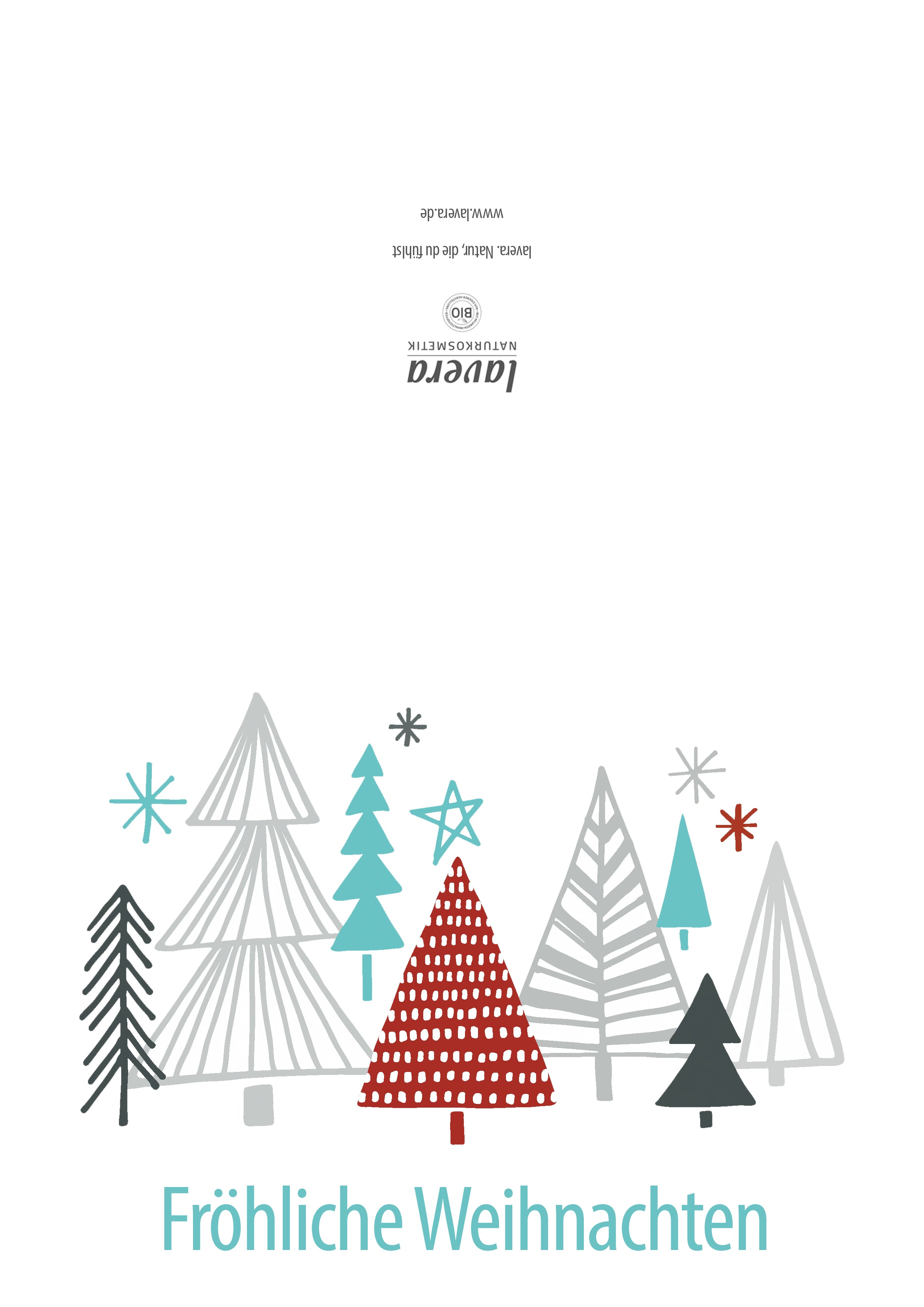 Weihnachtskarte mit stilisierten Tannen und „Fröhliche Weihnachten“